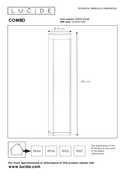 Lucide COMBO - Borne extérieur - Ø 9 cm - LED - 1x9W 3000K - IP54 - Noir - technique